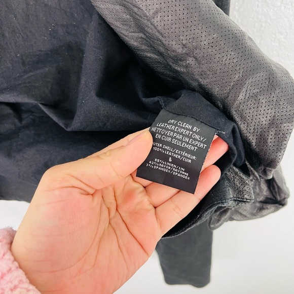 Lamarque Black Crinkle Leather Linen Drape Moto Biker Crop Snap Jacket - Picture 7 of 8